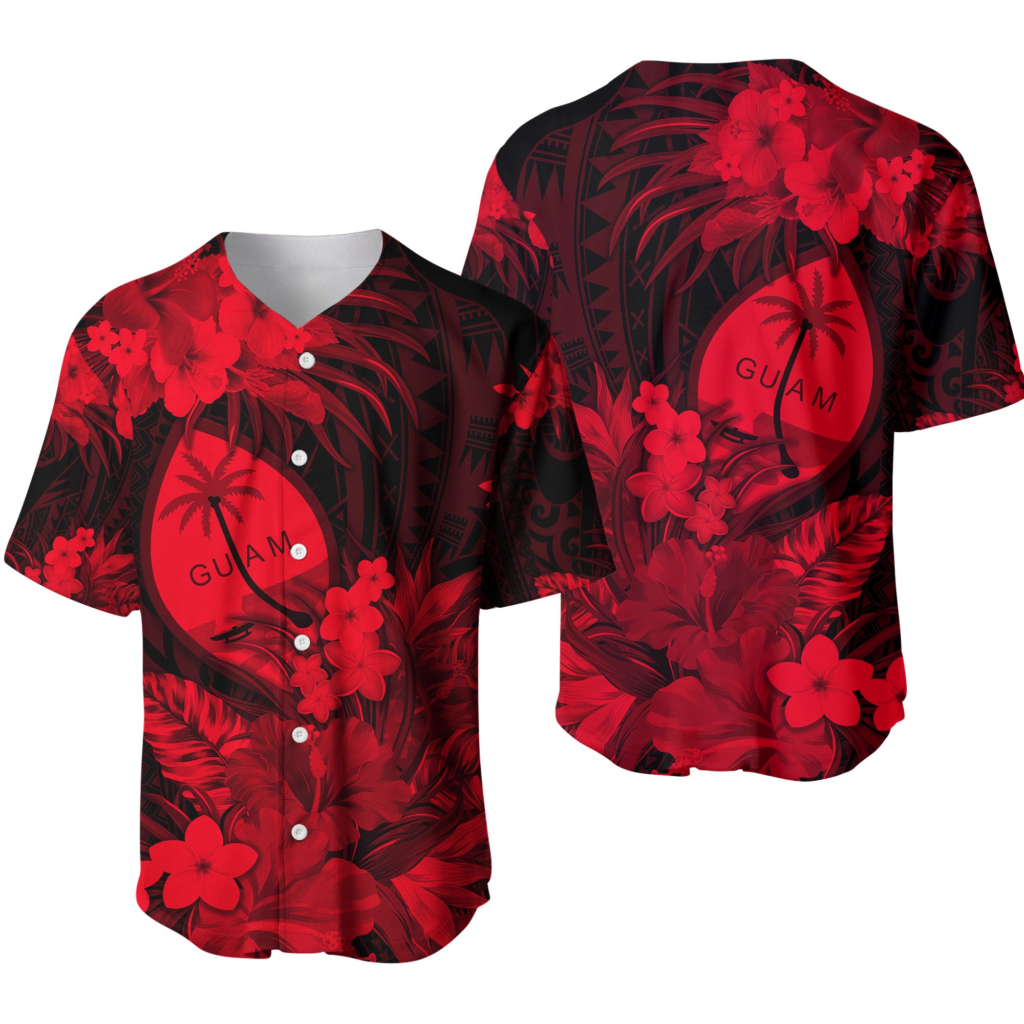 Guam Polynesian Baseball Jersey Tropical Flowers - Red LT8 - Polynesian Pride