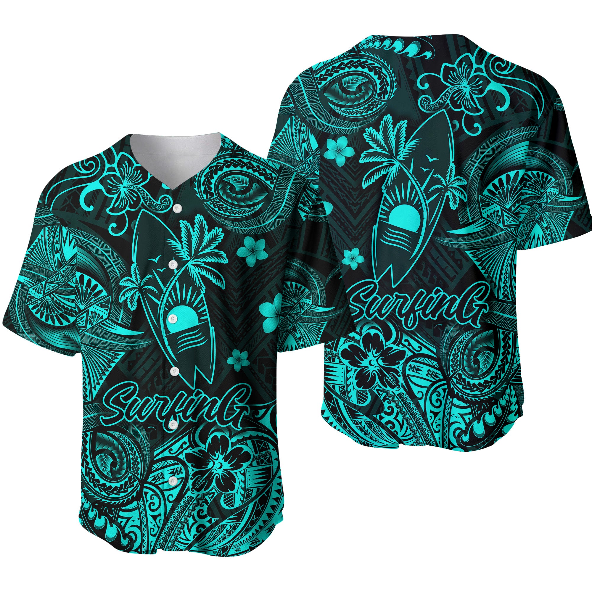 Hawaii Surfing Polynesian Baseball Jersey Unique Style - Turquoise LT8 - Polynesian Pride