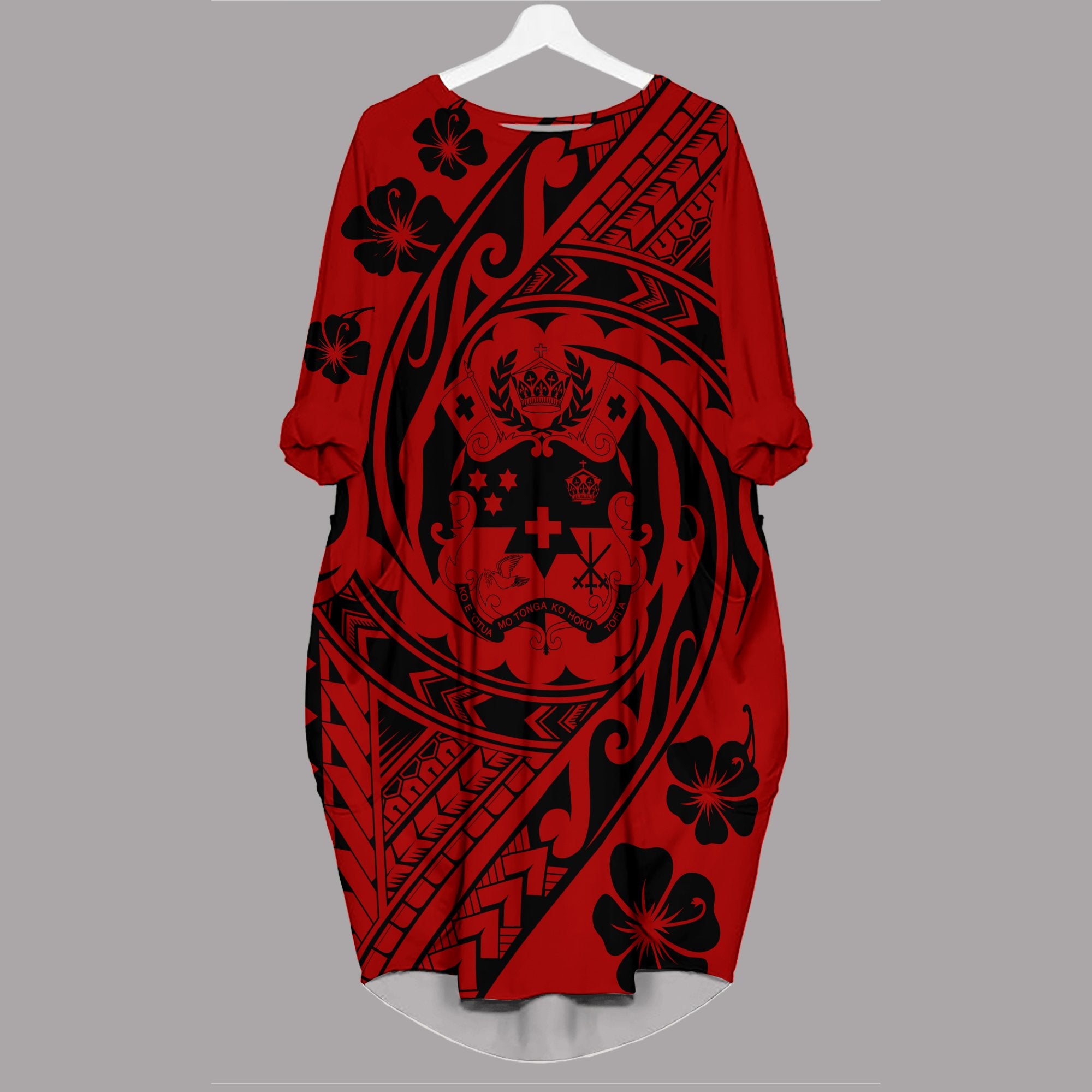 Tonga Batwing Pocket Dress - Tribal Tattoo Sleeve Women Red - Polynesian Pride