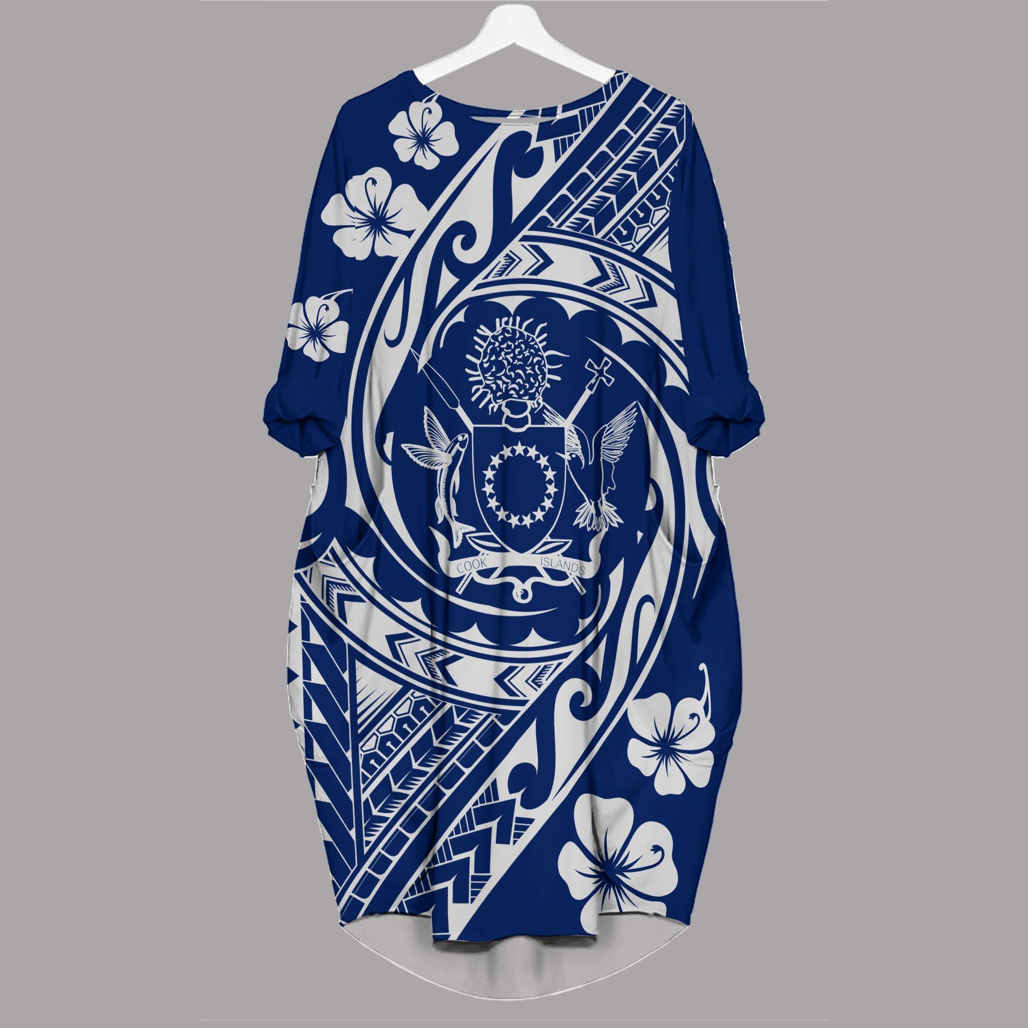 Cook Islands Batwing Pocket Dress - Tribal Tattoo Sleeve Polyester spandex Blue - Polynesian Pride
