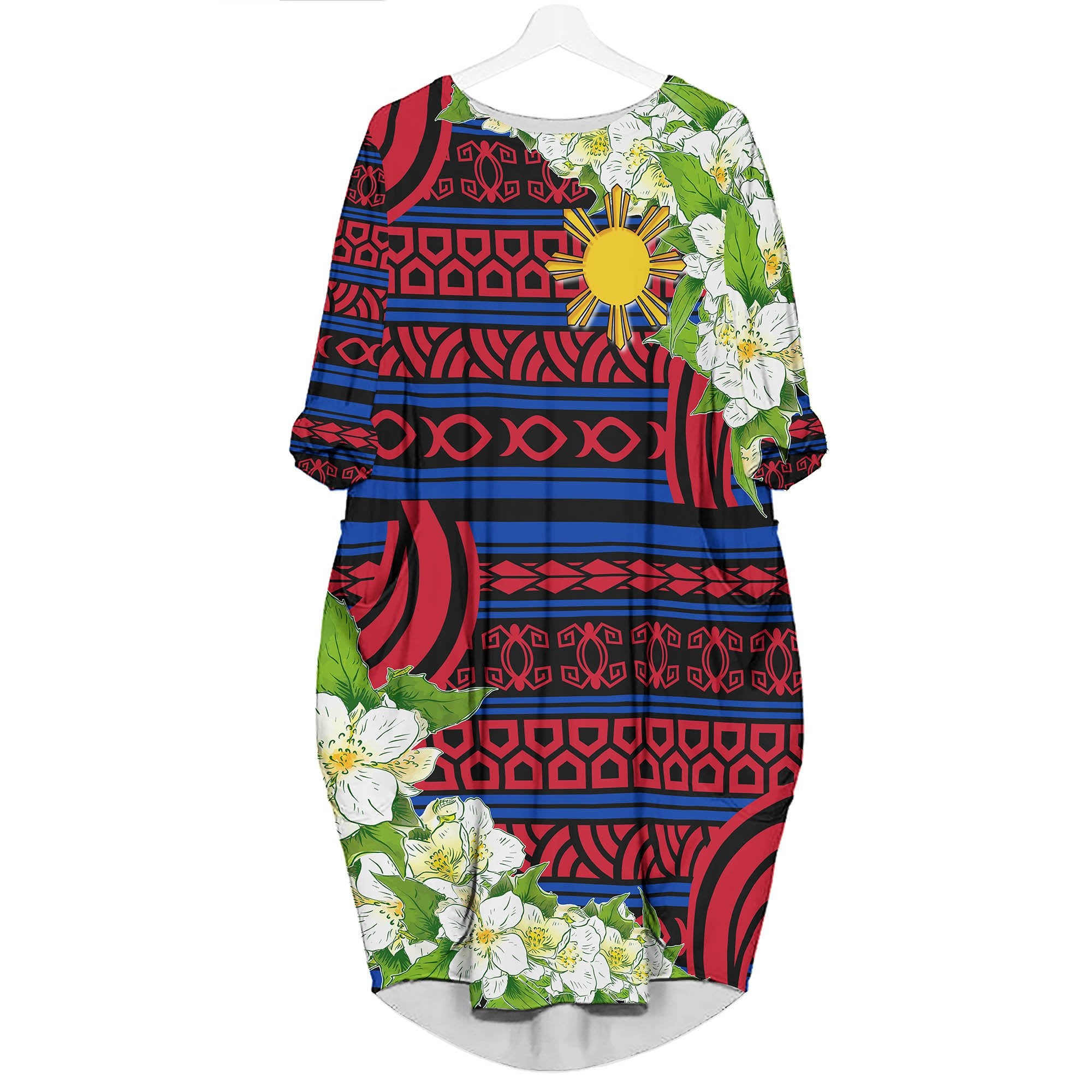 Philippines Batwing Pocket Dress - Jasmine Flower Style Women Red-Blue - Polynesian Pride