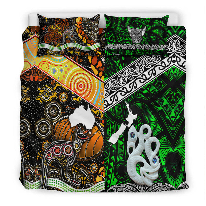 New Zealand Maori Aotearoa And Australia Aboriginal Bedding Set Together - Green LT8 - Polynesian Pride