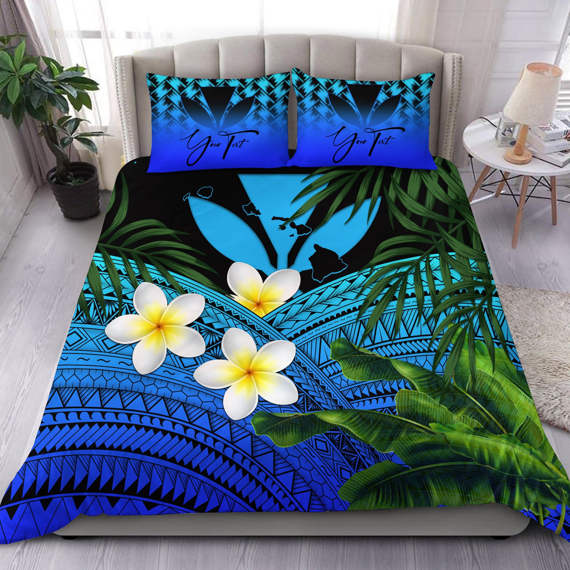 (Custom) Kanaka Maoli (Hawaiian) Bedding Set, Polynesian Plumeria Banana Leaves Blue Personal Signature Blue - Polynesian Pride