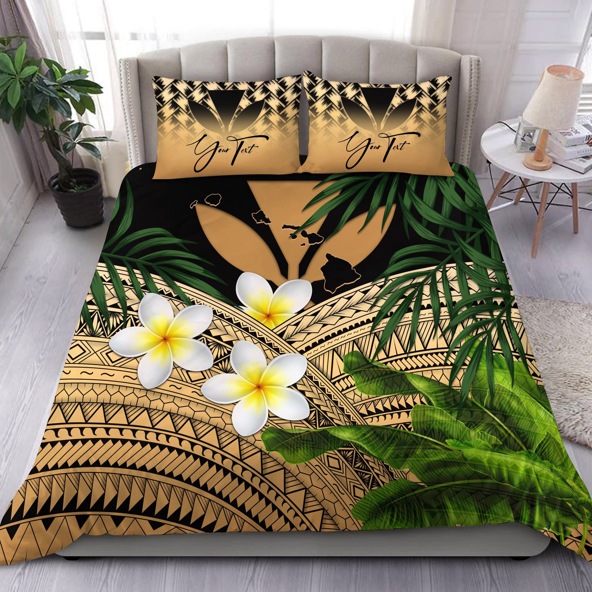 (Custom) Kanaka Maoli (Hawaiian) Bedding Set, Polynesian Plumeria Banana Leaves Gold Personal Signature Gold - Polynesian Pride