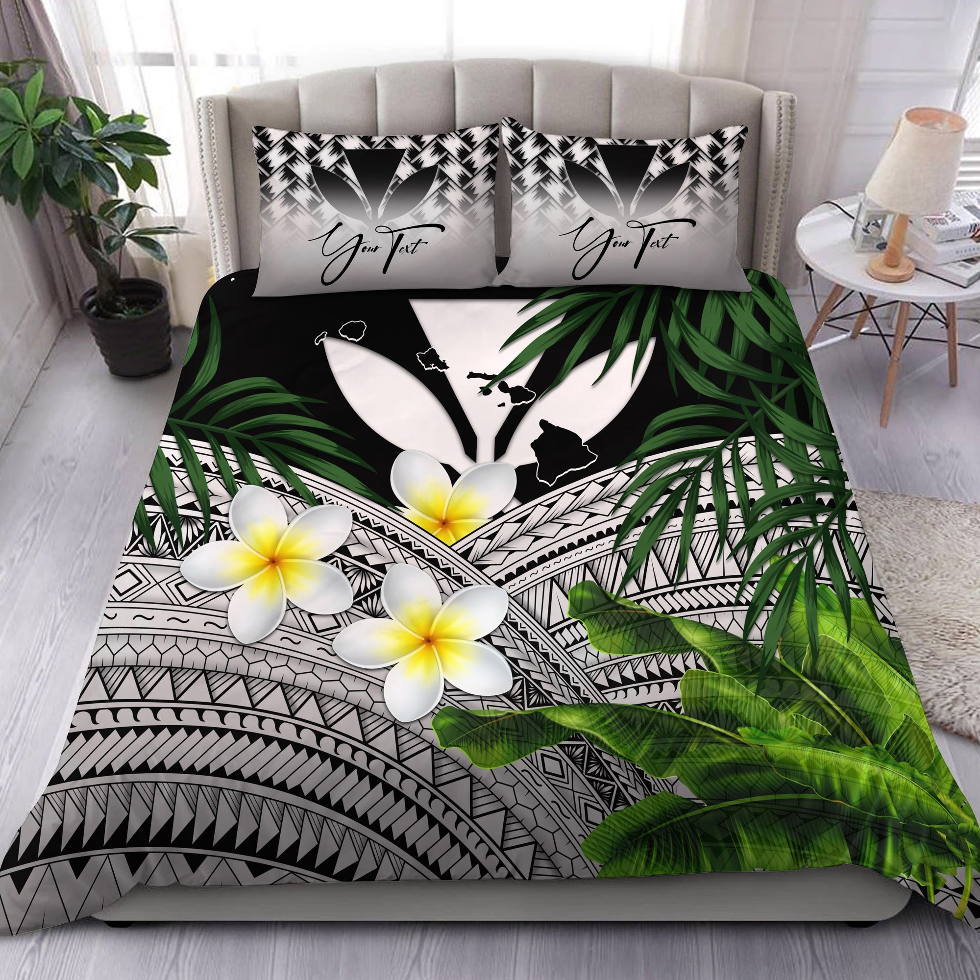 (Custom) Kanaka Maoli (Hawaiian) Bedding Set, Polynesian Plumeria Banana Leaves Gray Personal Signature Gray - Polynesian Pride