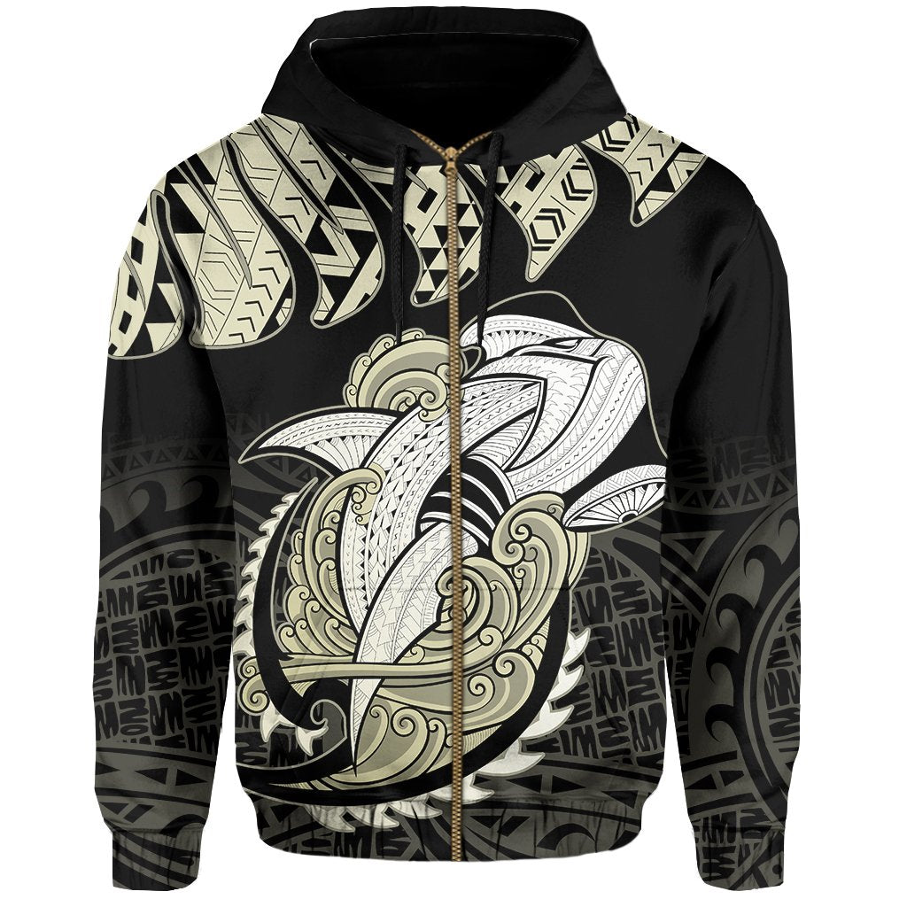 Hawaii Polynesian Aumakua Hammerhead Shark Hoodie Zip Cloud Style Beige - Polynesian Pride