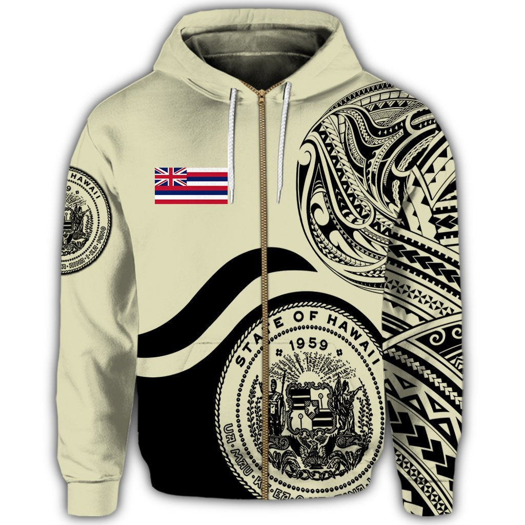 Hawaii Coat of Arms Zip Hoodie Waveshape Style Beige - Polynesian Pride