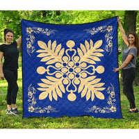 Hawaiian Quilt Maui Plant And Hibiscus Premium Quilt - Beige Blue - AH Beige - Polynesian Pride