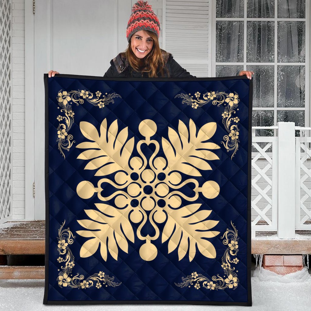 Hawaiian Quilt Maui Plant And Hibiscus Premium Quilt - Beige Indigo - AH - Polynesian Pride