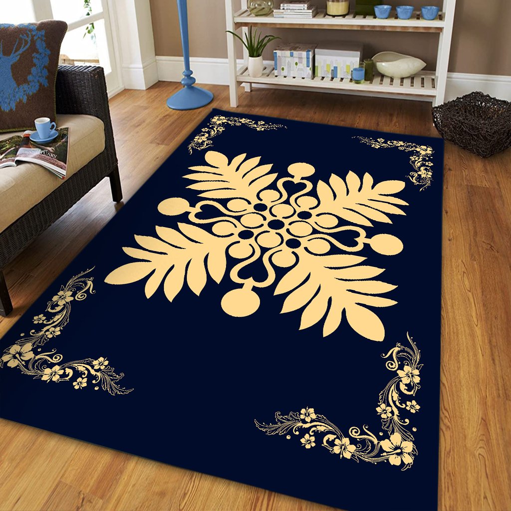 Hawaiian Quilt Maui Plant And Hibiscus Pattern Area Rug - Beige Indigo - AH - Polynesian Pride