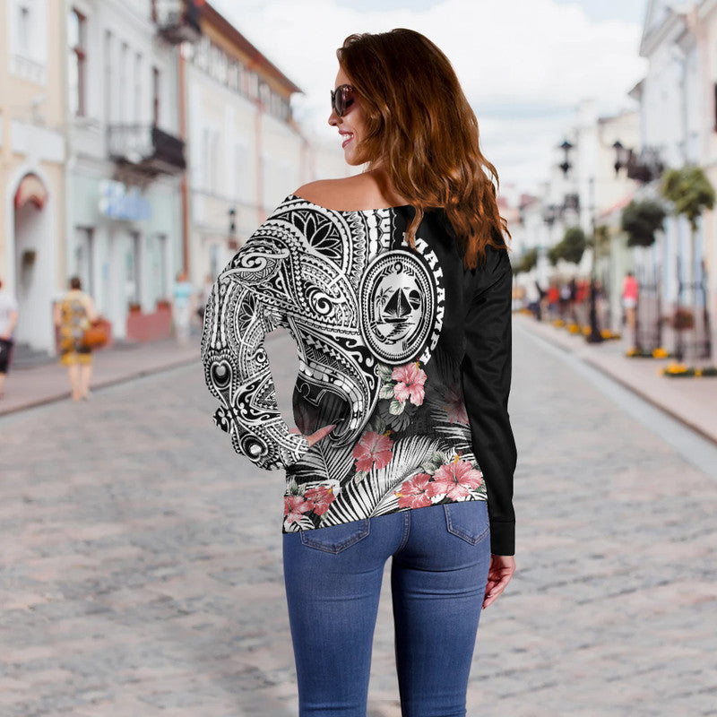 Vanuatu Malampa Province Women Off Shoulder Sweater Hibiscus Tribal Polynesian Tattoo Ver Black LT9 - Polynesian Pride