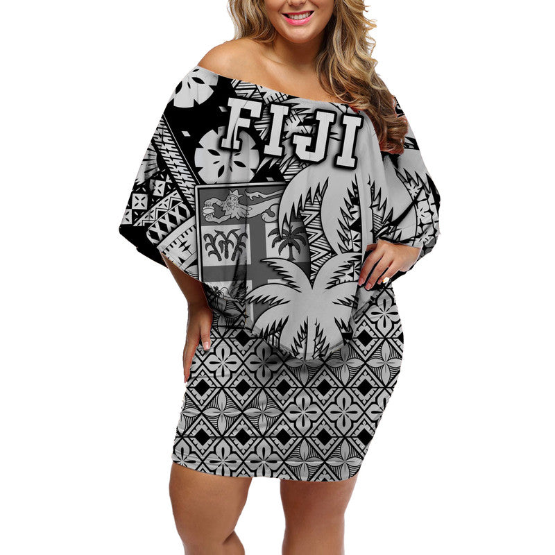 Fiji Coat Of Arms Women Off Shoulder Short Dress Masi Tapa Mixed Palm Tree No1 Black Version LT9 Women Black - Polynesian Pride