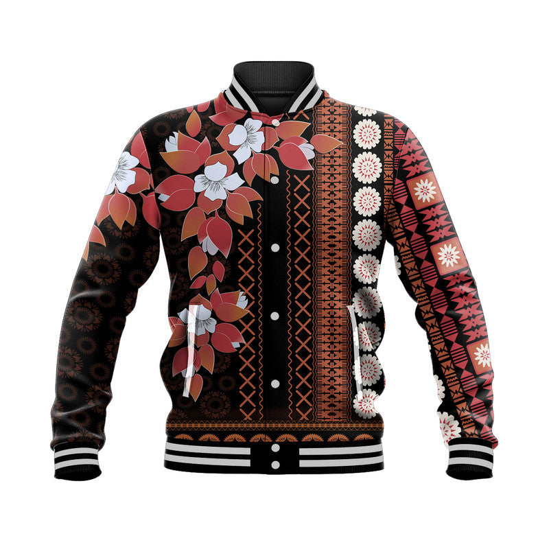 Fiji Baseball Jacket Tagimoucia Mixed Black Tapa Style LT9 Unisex Black - Polynesian Pride