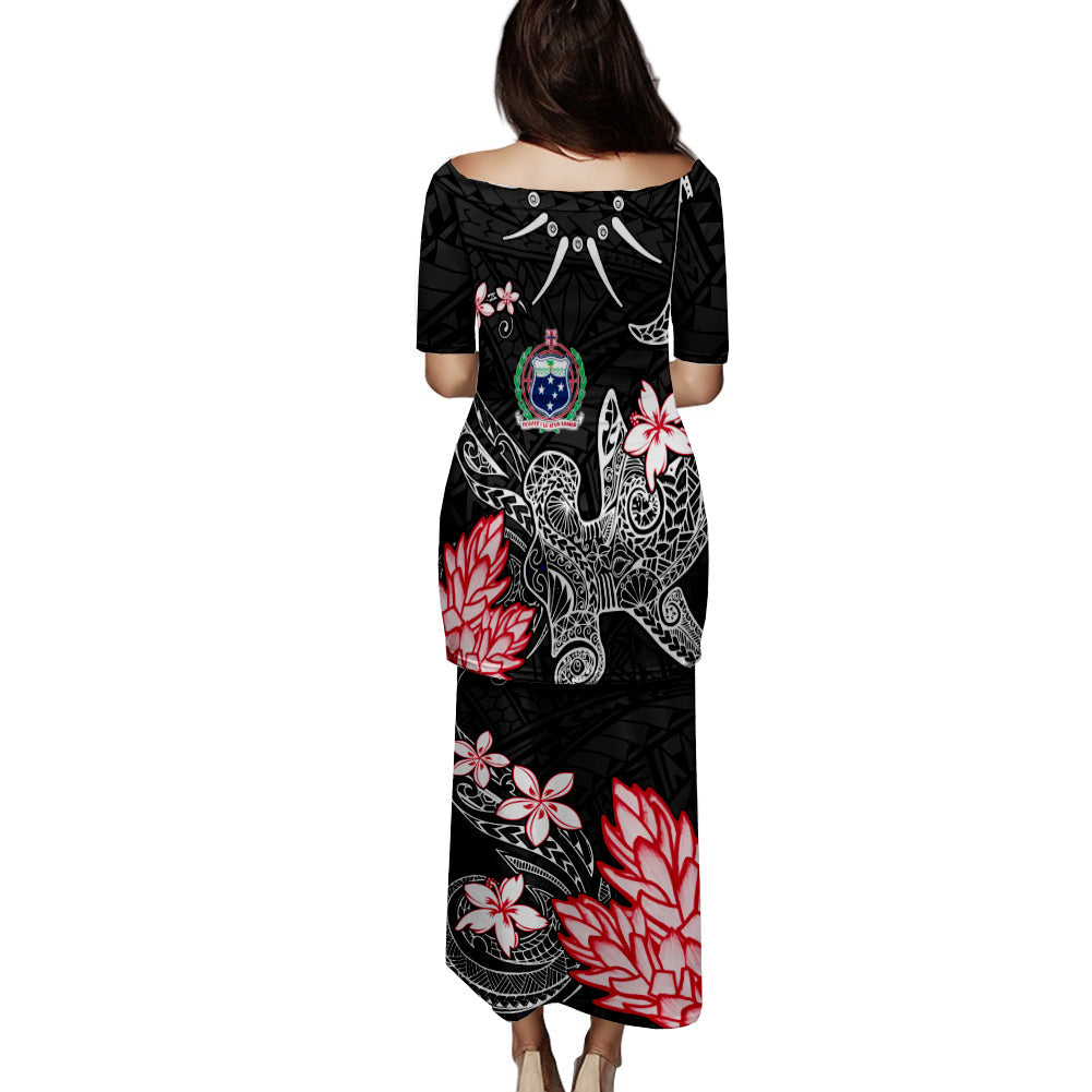 Samoa Puletasi Dress Ula Shark Nifo Mix Teuila Flower - Black LT7 - Polynesian Pride