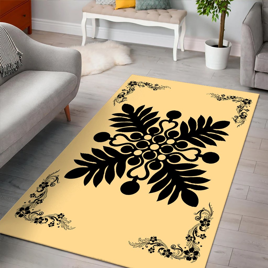 Hawaiian Quilt Maui Plant And Hibiscus Pattern Area Rug - Black Beige - AH - Polynesian Pride