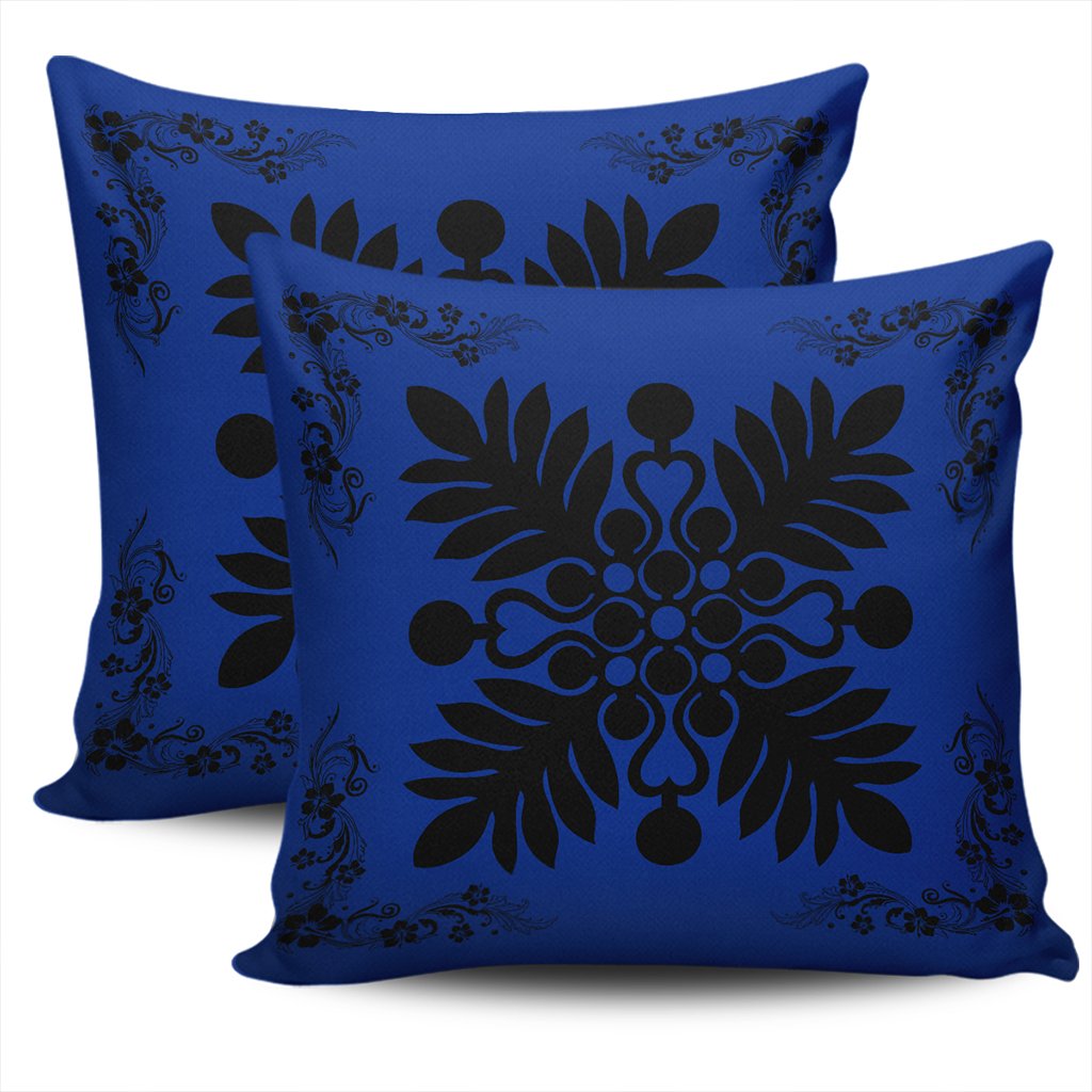 Hawaiian Quilt Maui Plant And Hibiscus Pattern Pillow Covers - Black Blue - AH - Polynesian Pride