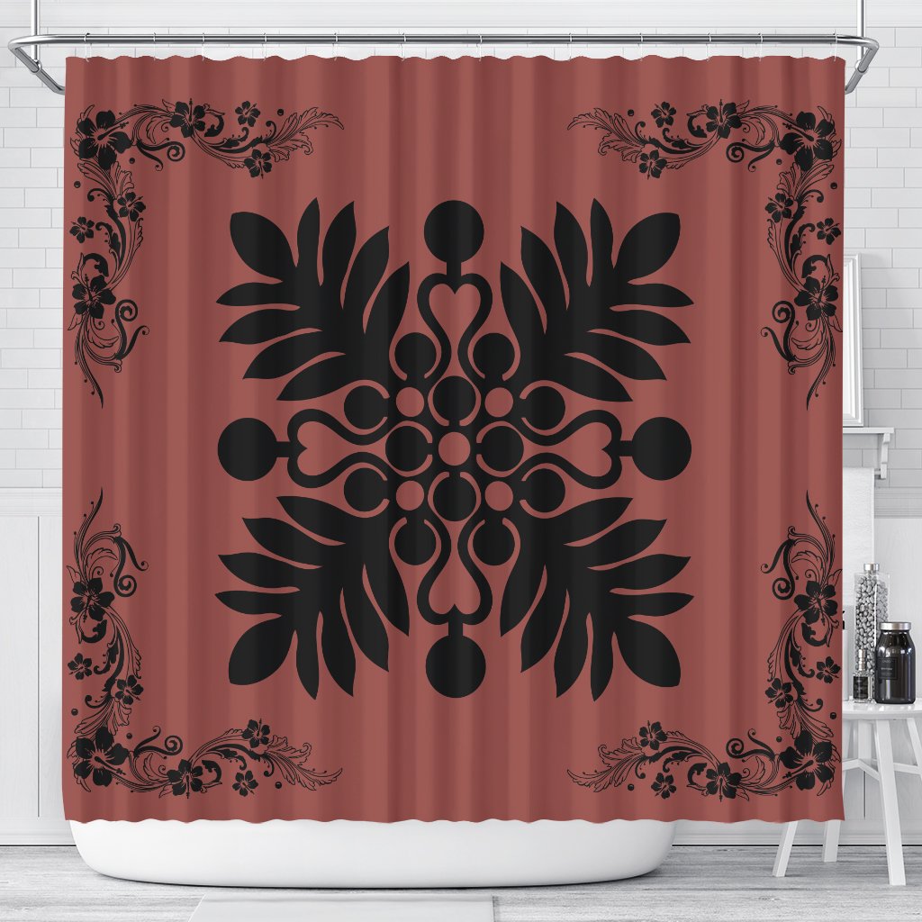 Hawaiian Quilt Maui Plant And Hibiscus Shower Curtain - Black Coral - AH 177 x 172 (cm) Black - Polynesian Pride