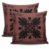 Hawaiian Quilt Maui Plant And Hibiscus Pattern Pillow Covers - Black Coral - AH - Polynesian Pride