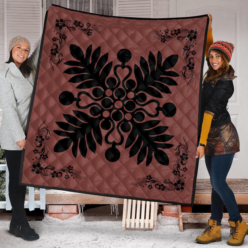 Hawaiian Quilt Maui Plant And Hibiscus Premium Quilt - Black Coral - AH - Polynesian Pride