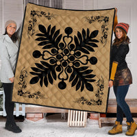 Hawaiian Quilt Maui Plant And Hibiscus Premium Quilt - Black Gold - AH - Polynesian Pride