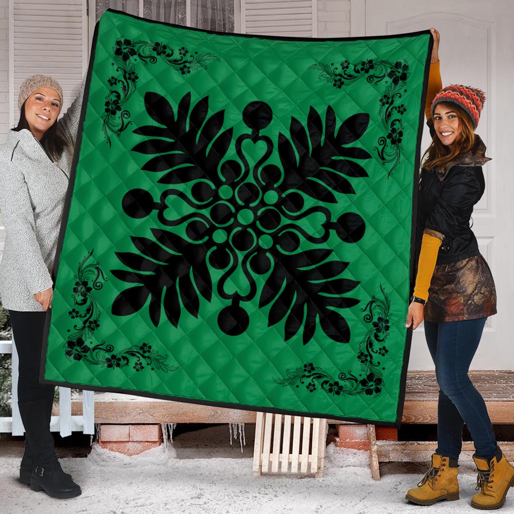 Hawaiian Quilt Maui Plant And Hibiscus Premium Quilt - Black Green - AH - Polynesian Pride