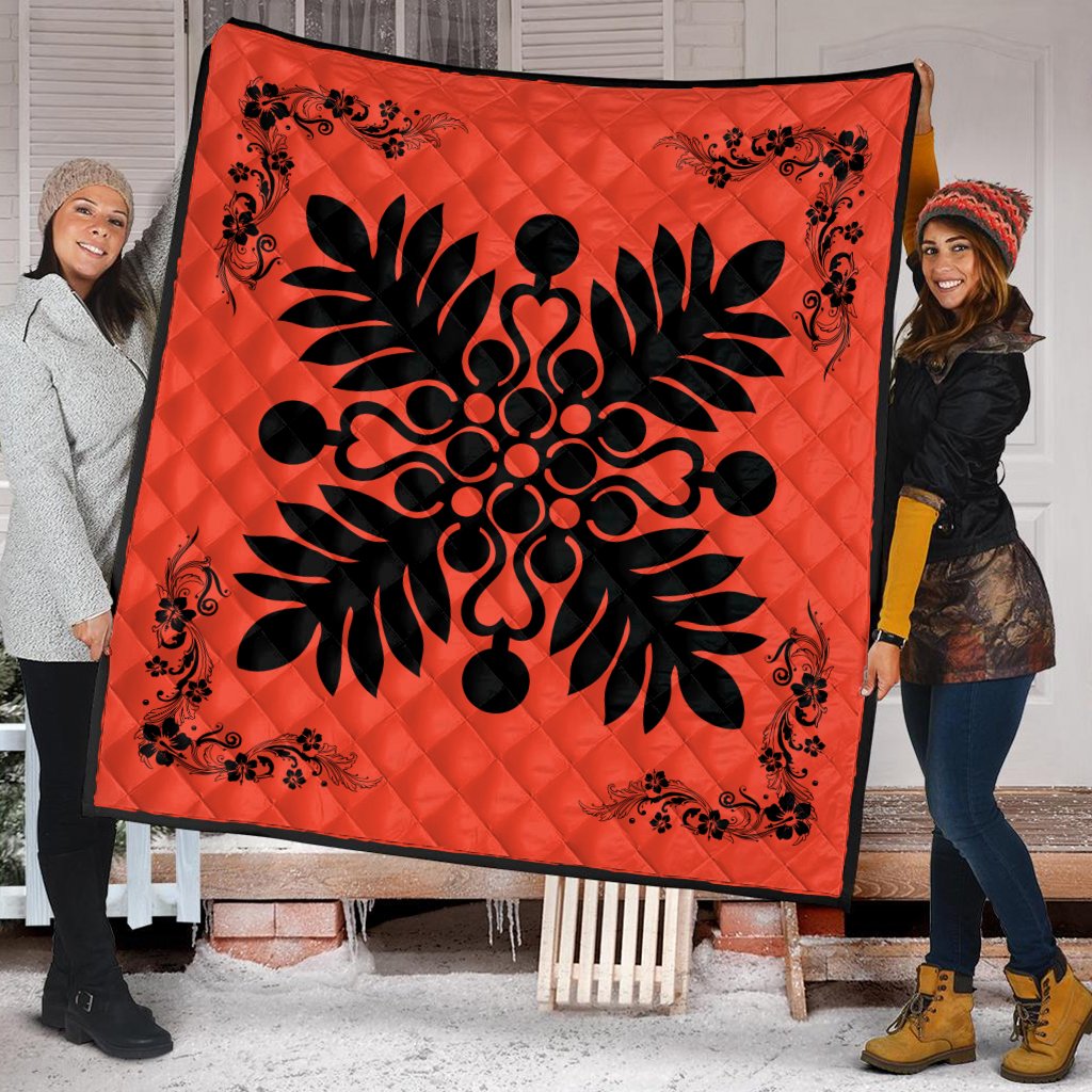 Hawaiian Quilt Maui Plant And Hibiscus Premium Quilt - Black Orange - AH - Polynesian Pride