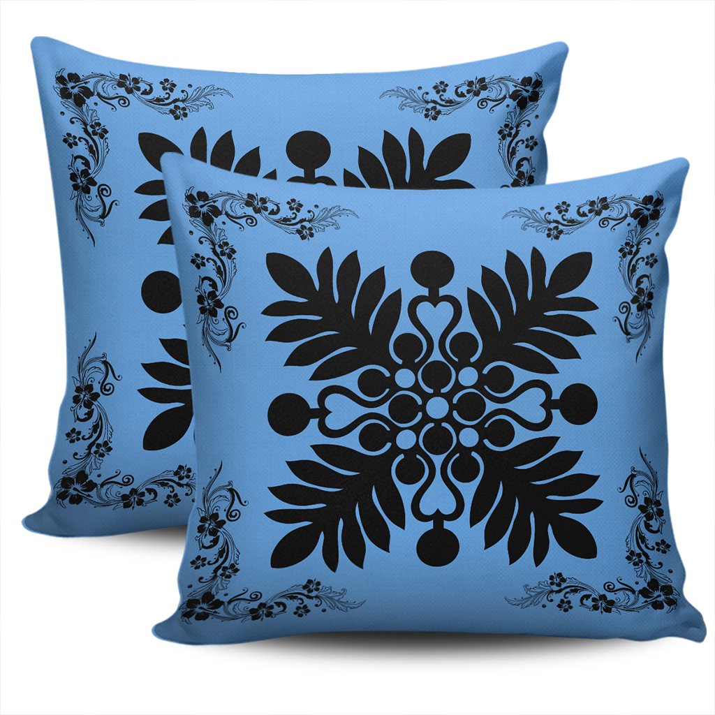 Hawaiian Quilt Maui Plant And Hibiscus Pattern Pillow Covers - Black Pastel - AH - Polynesian Pride