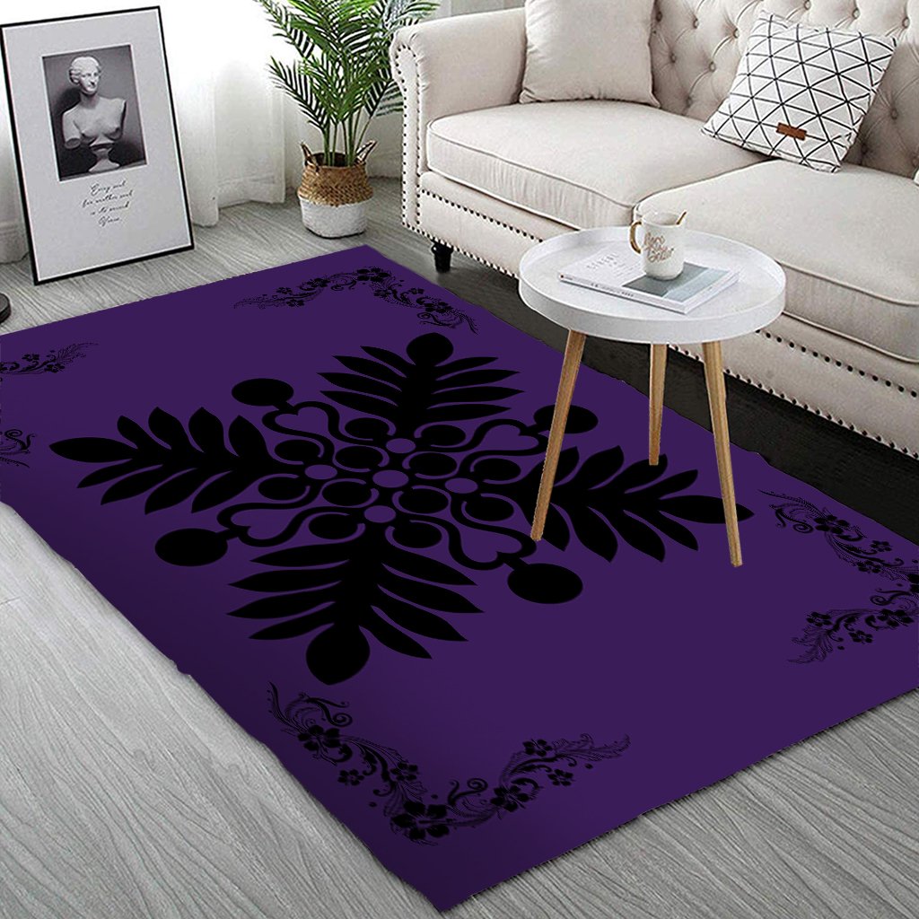 Hawaiian Quilt Maui Plant And Hibiscus Pattern Area Rug - Black Purple - AH - Polynesian Pride