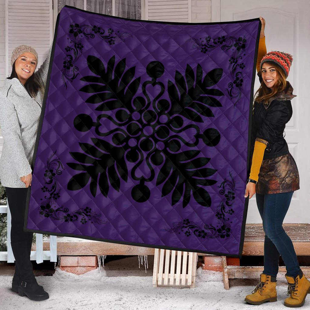 Hawaiian Quilt Maui Plant And Hibiscus Premium Quilt - Black Purple - AH - Polynesian Pride