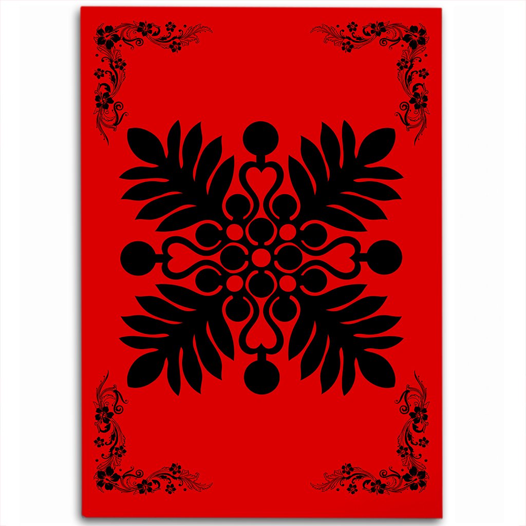 Hawaiian Quilt Maui Plant And Hibiscus Pattern Area Rug - Black Red - AH Black - Polynesian Pride