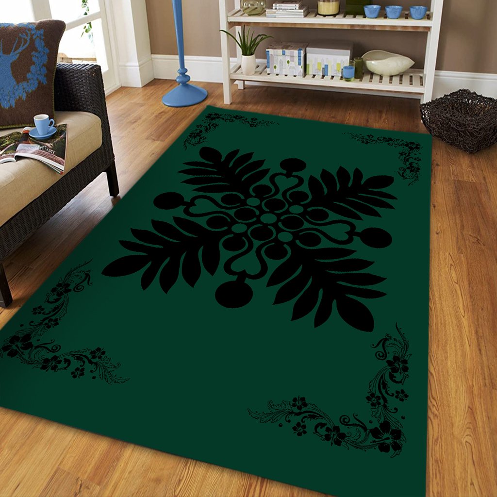 Hawaiian Quilt Maui Plant And Hibiscus Pattern Area Rug - Black Sacramento - AH - Polynesian Pride