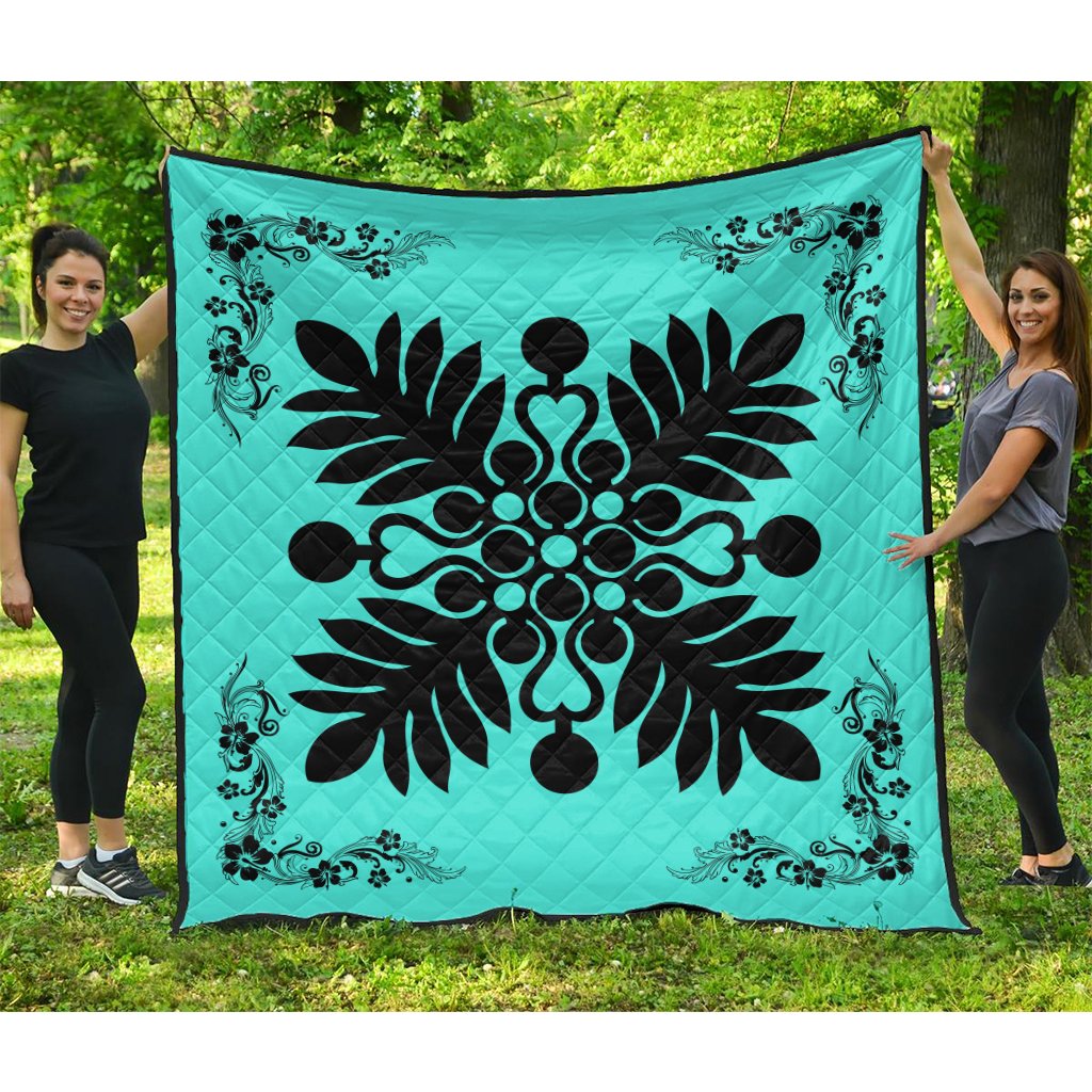 Hawaiian Quilt Maui Plant And Hibiscus Premium Quilt - Black Turquoise - AH Black - Polynesian Pride