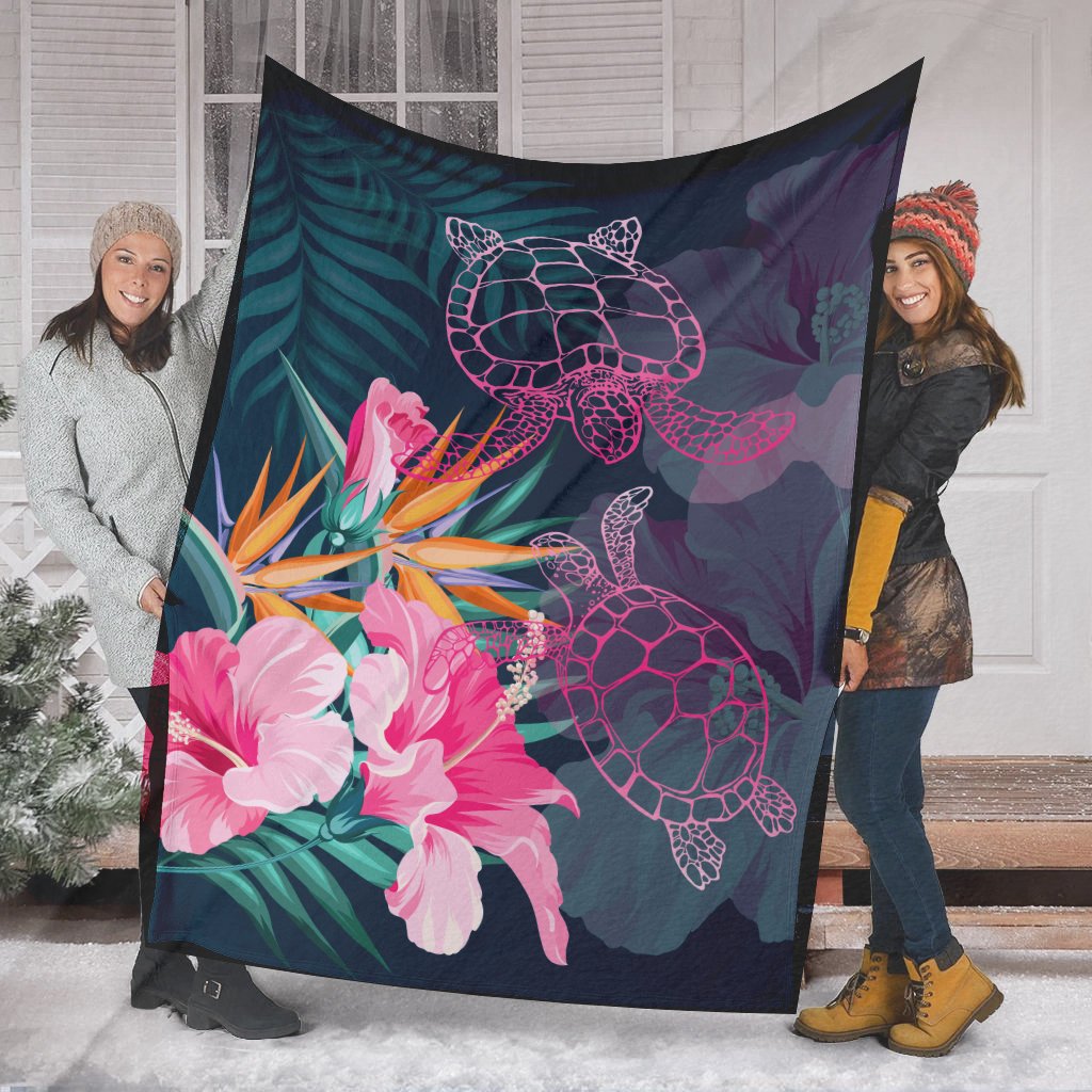 Hawaii Pink Turtles Hibiscus Tropical Premium Blanket - Vint Style - AH - Polynesian Pride