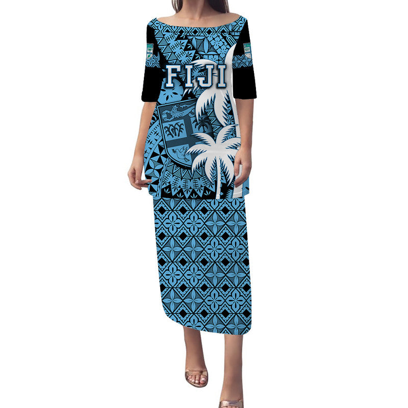 Fiji Coat Of Arms Puletasi Dress Masi Tapa Mixed Palm Tree No1 Blue Version LT9 Blue - Polynesian Pride