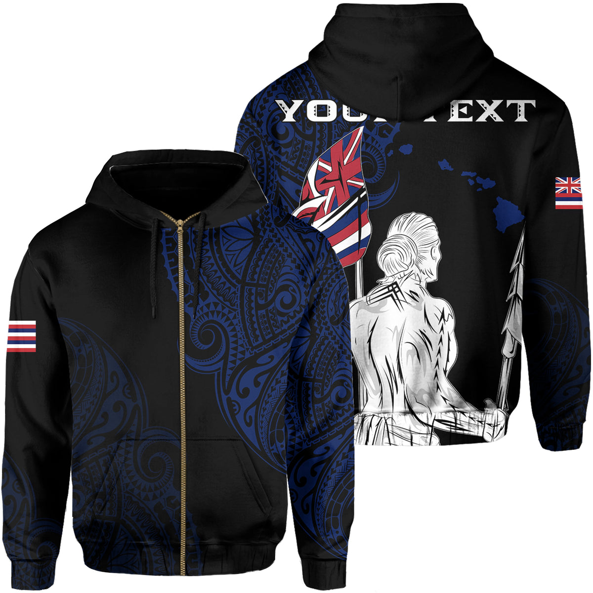 Personalized Hawaii Map Polynesian Warrior Ikaika Hoodie Zip William Style Blue Unisex Black - Polynesian Pride
