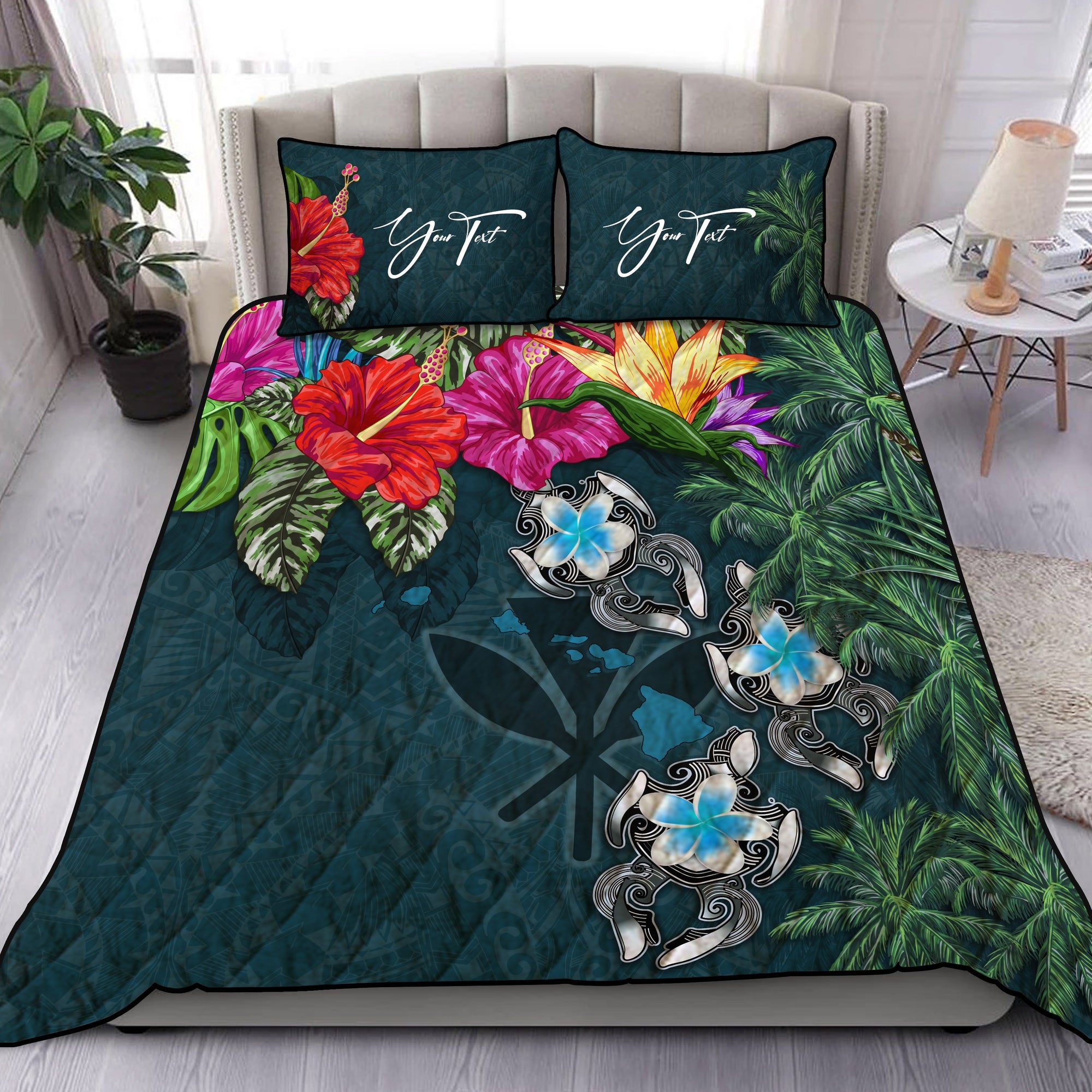 (Custom) Kanaka Maoli (Hawaiian) Quilt Bed Set - Hibiscus Turtle Tattoo Blue Personal Signature Blue - Polynesian Pride