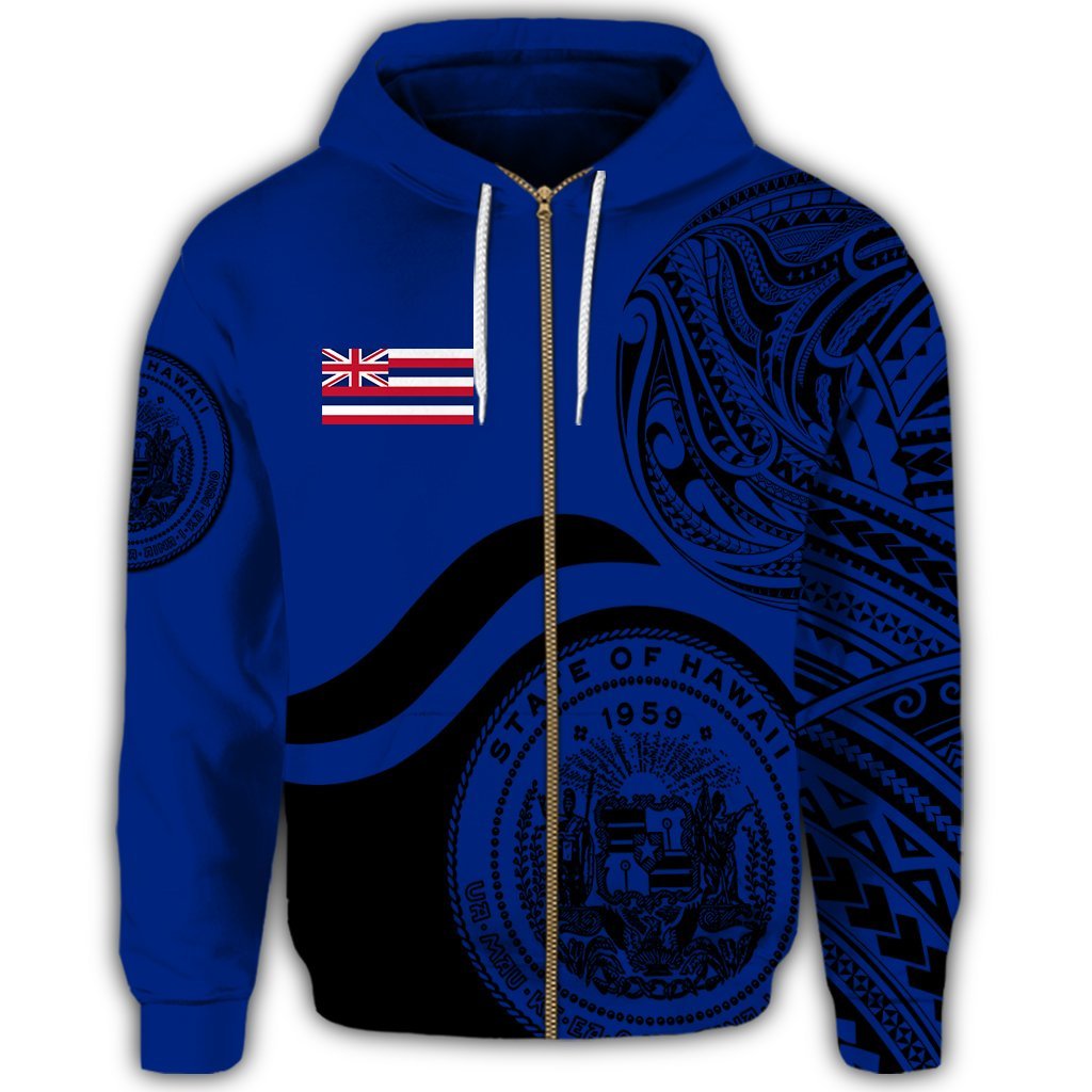 Hawaii Coat of Arms Zip Hoodie Waveshape Style Blue - Polynesian Pride