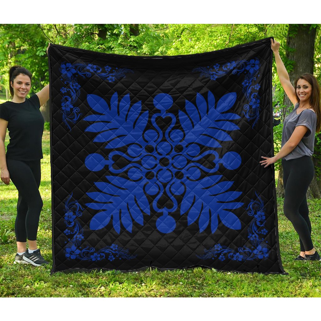 Hawaiian Quilt Maui Plant And Hibiscus Premium Quilt - Blue Black - AH Blue - Polynesian Pride