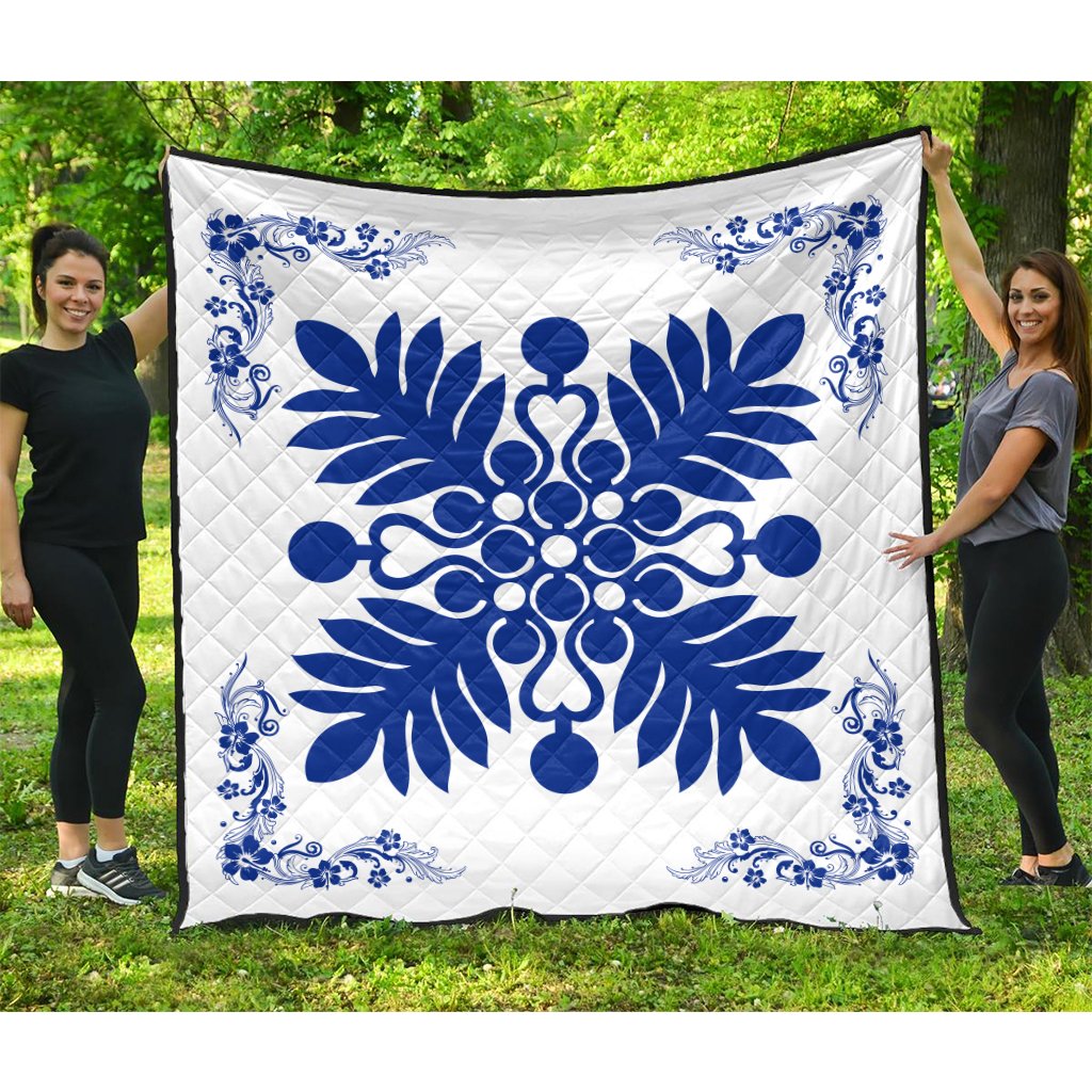 Hawaiian Quilt Maui Plant And Hibiscus Premium Quilt - Blue White - AH Blue - Polynesian Pride