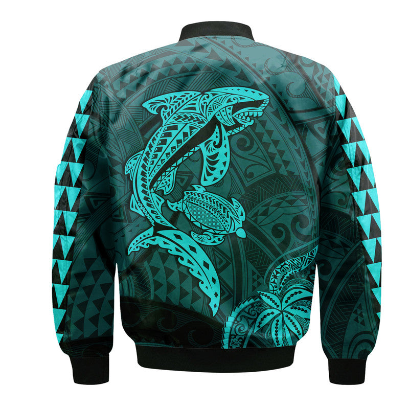 Hawaii Bomber Jacket Shark and Turtle Mix Kakau Turquoise LT9 - Polynesian Pride