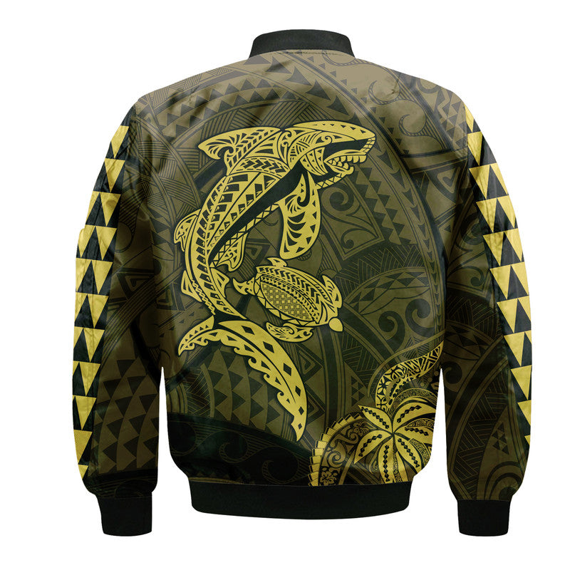 Hawaii Bomber Jacket Shark and Turtle Mix Kakau Gold LT9 - Polynesian Pride