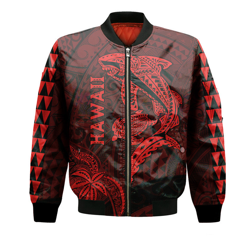 Hawaii Bomber Jacket Shark and Turtle Mix Kakau Red LT9 Unisex Red - Polynesian Pride