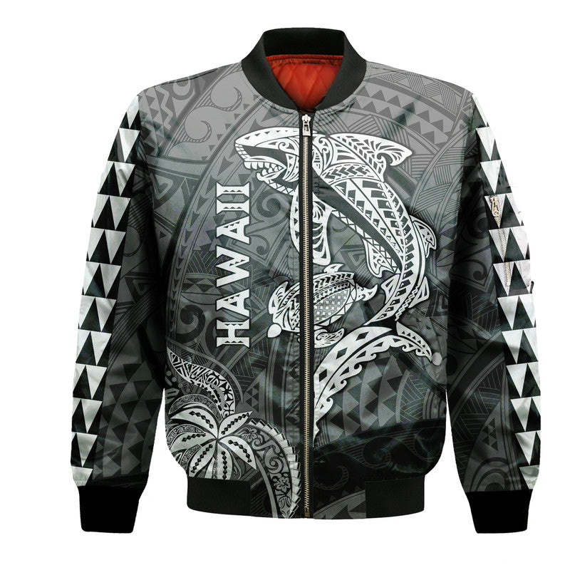 Hawaii Bomber Jacket Shark and Turtle Mix Kakau LT9 Unisex Black - Polynesian Pride