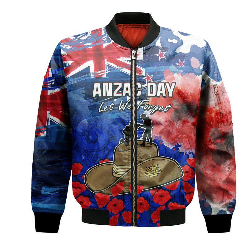 New Zealand ANZAC Day Bomber Jacket Grunge Aotearoa Flag and Red Poppy LT9 Unisex Blue - Polynesian Pride