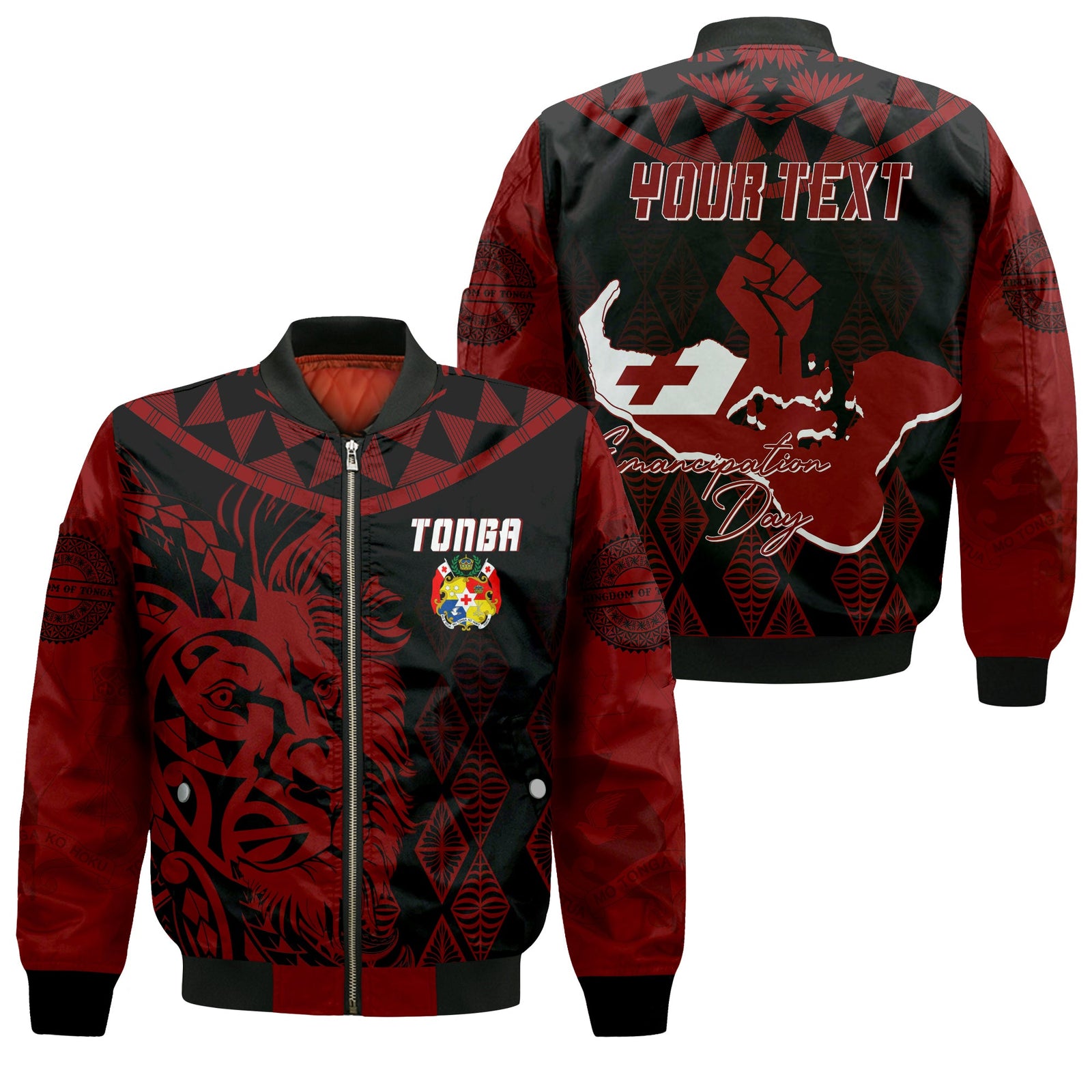 Tonga Personalised Bomber Jacket Emancipation Day Lion Style - Black LT7 Unisex Black - Polynesian Pride