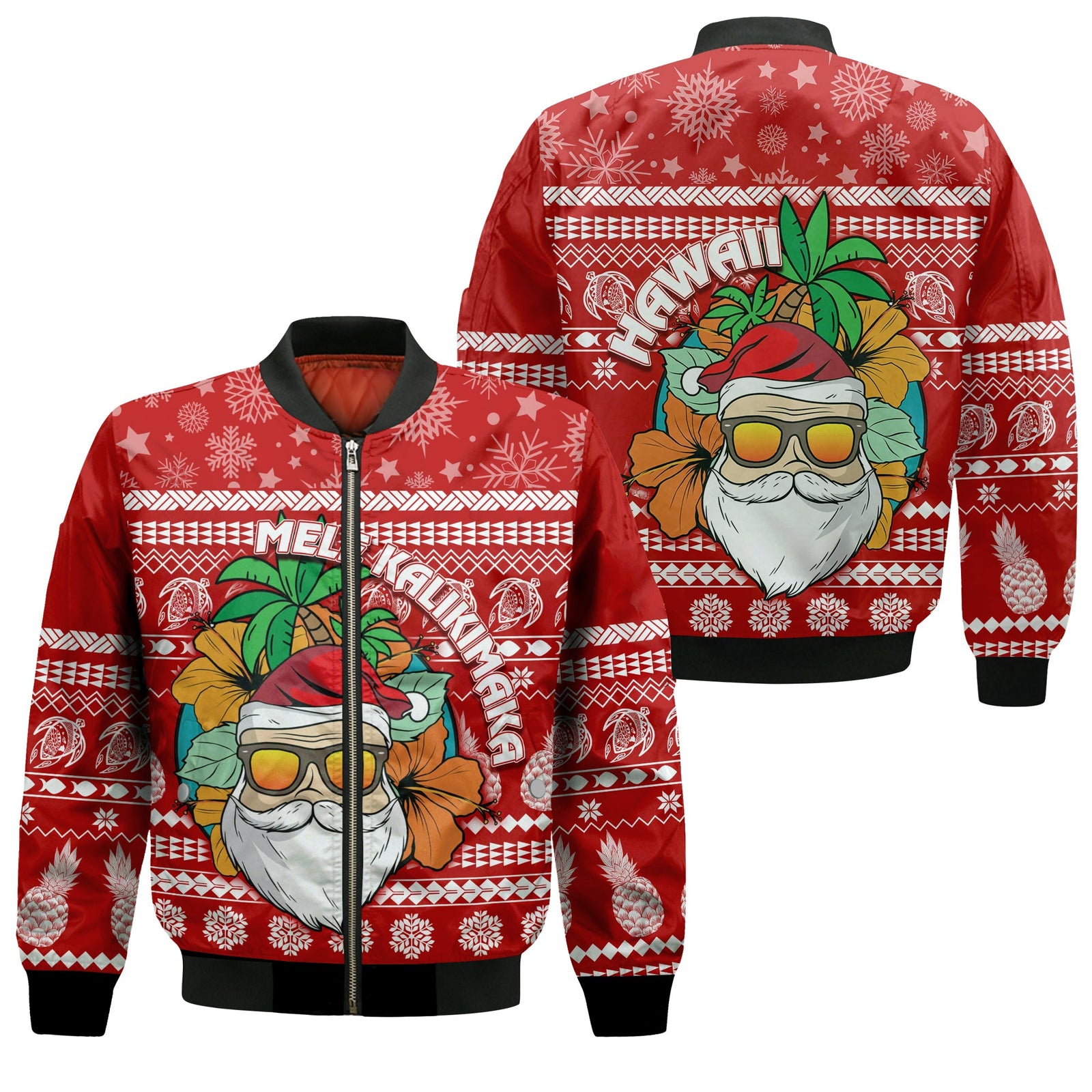 Hawaii Christmas Bomber Jacket Mele Kalikimaka - Tropical Santa LT7 Unisex Red - Polynesian Pride