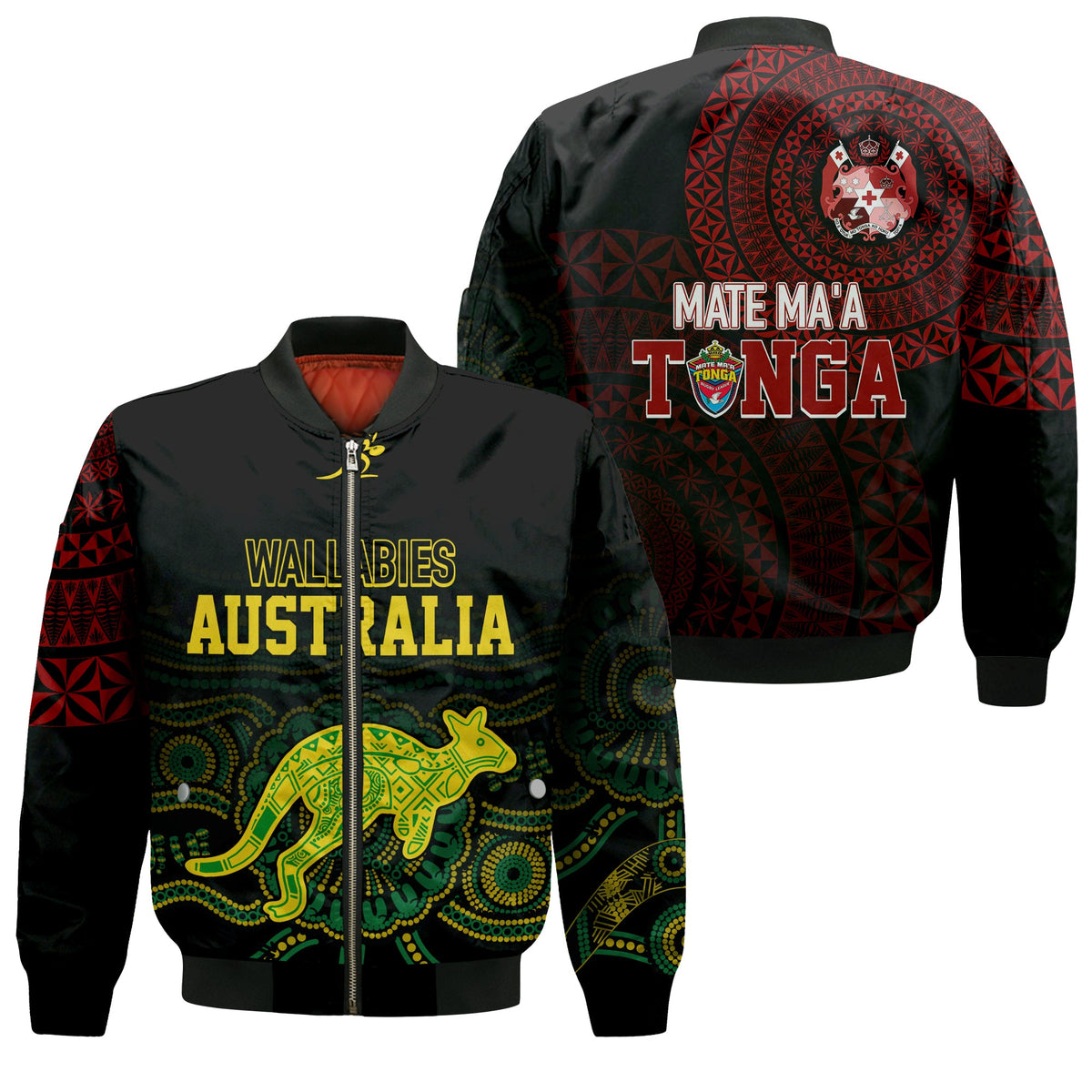 Personalised Aussie Wallabies Mix Mate Maa Tonga Bomber Jacket Ver 02 LT7 Unisex Black - Polynesian Pride