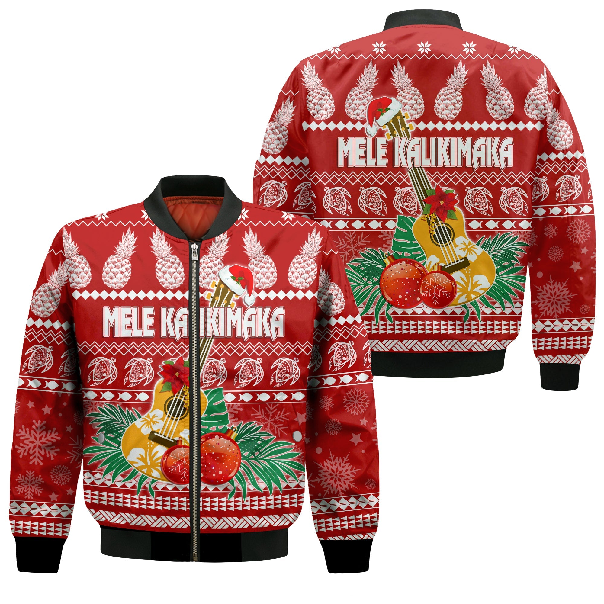 Hawaii Christmas Bomber Jacket Mele Kalikimaka - Ukulele LT7 Unisex Red - Polynesian Pride