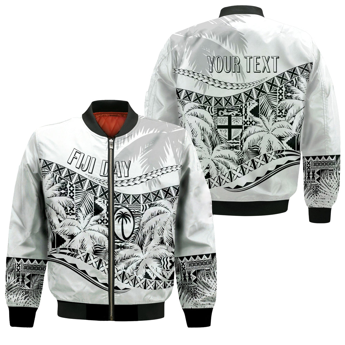 Personalised Fiji Day Bomber Jacket Flying Fijians Masi Kesa Style - White LT7 Unisex White - Polynesian Pride