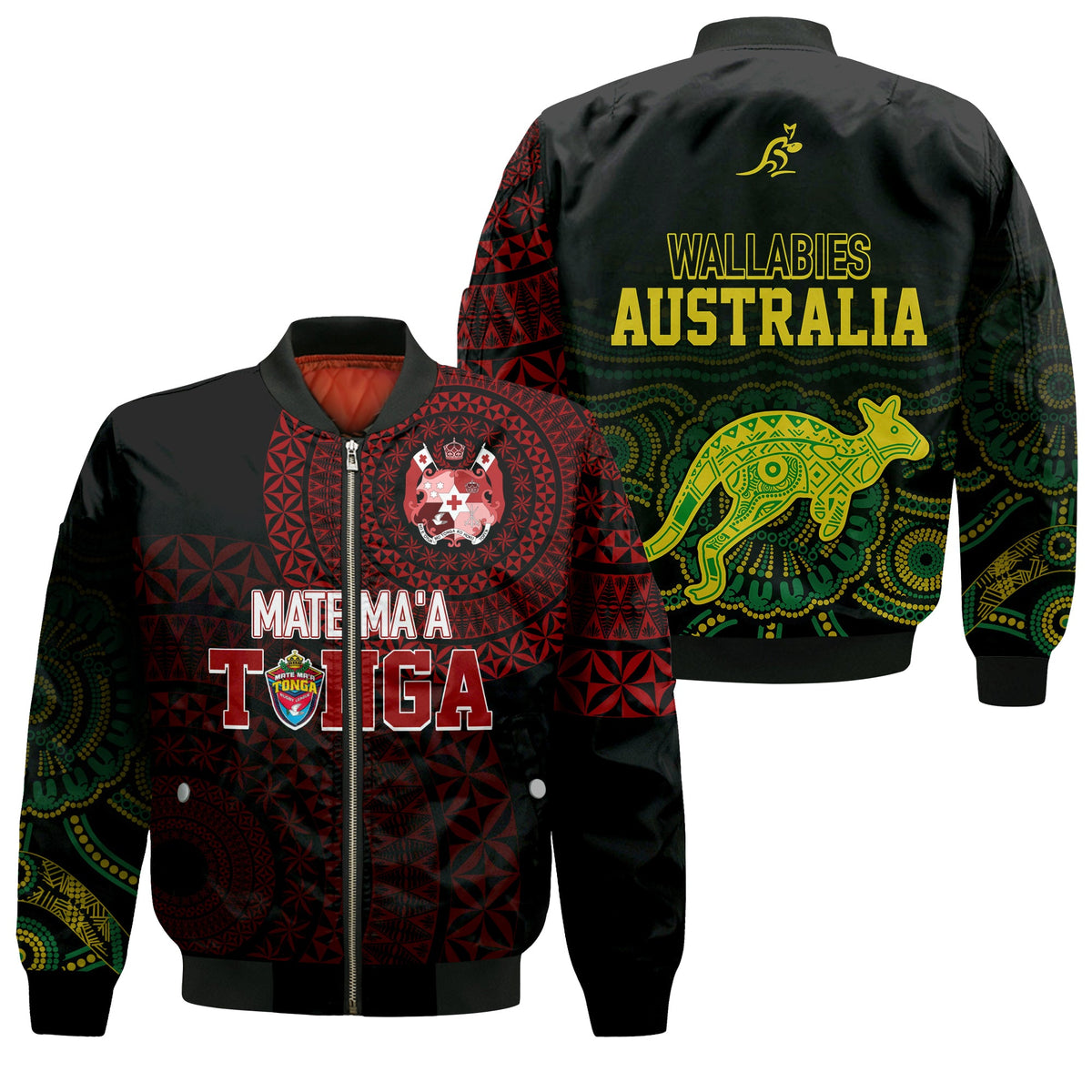 Personalised Aussie Wallabies Mix Mate Maa Tonga Bomber Jacket Ver 01 LT7 Unisex Black - Polynesian Pride